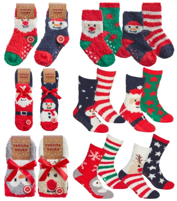 Kids Christmas Slipper Socks Babies Boys Girls Festive Fluffy Bed Sock (4 Pairs)