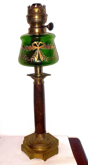 Grande Lampe à Pétrole Bronze, Onyx Et Verre Fleuri - Bec Matador (à Restaurer)