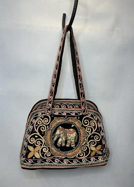 Vintage 70ties Burmese Kalaga Handbag Embroided Elephant Beads Multicolored