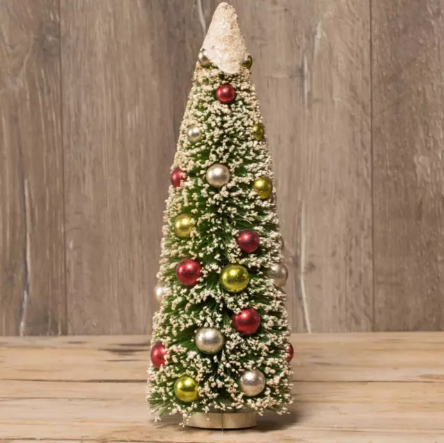 Ragon House 17" Snow Top Bottle Brush Christmas Tree with Red Gold Silver Balls