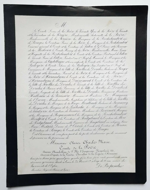 COMTE DE LA POEZE Ferriere Rochelambert FAIRE PART Prince Moskowa BEDOYERE 1882