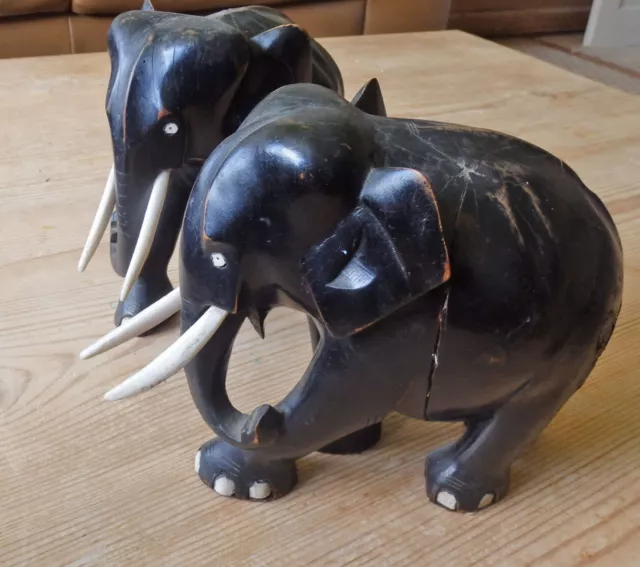 Large  Pair Of Antique Ebonised  Hand Carved Wooden Elephants 2