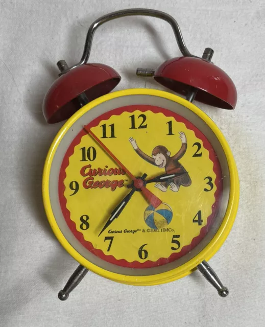 1998 Curious George Yellow Twin Red Bell  Alarm Clock, Schylling WORKS!!