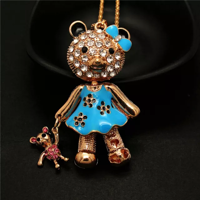 Fashion Women Blue Enamel Bow Crystal Doll Bear Rhinestone Sweater Necklace