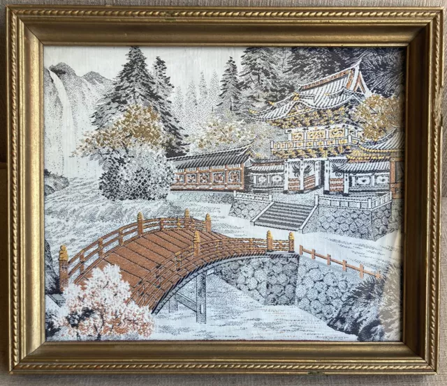 Vintage 1971 Japanese Silk Hand Embroidered Needlepoint Tapestry Minka Bridge