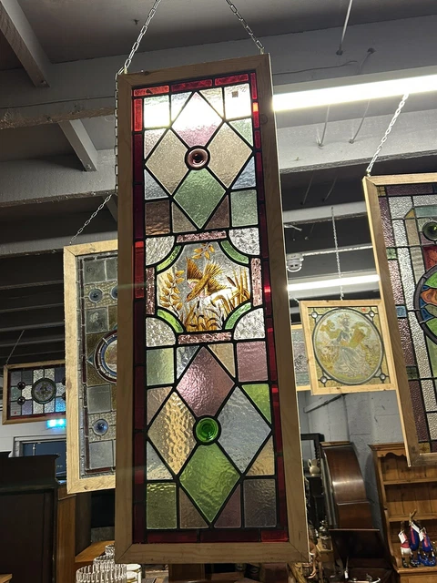 VICTORIAN STAINED GLASS Depicting A Bird In Reeds Textured Stained ...