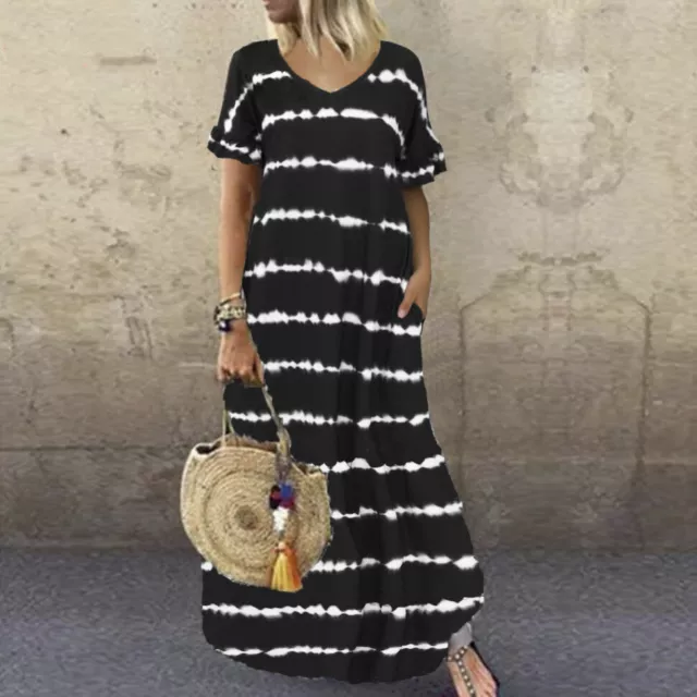 Ladies Plus Size Womens Boho Summer Maxi Dress Sundress Striped Dresses