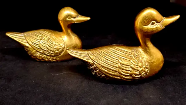 Set of 2 Vintage Solid Heavy Brass Duck Decoy Figurine Paperweight 2 3/4" Tall