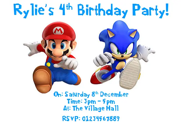 personalised photo paper card party invites invitations SONIC THE HEDGEHOG MARIO