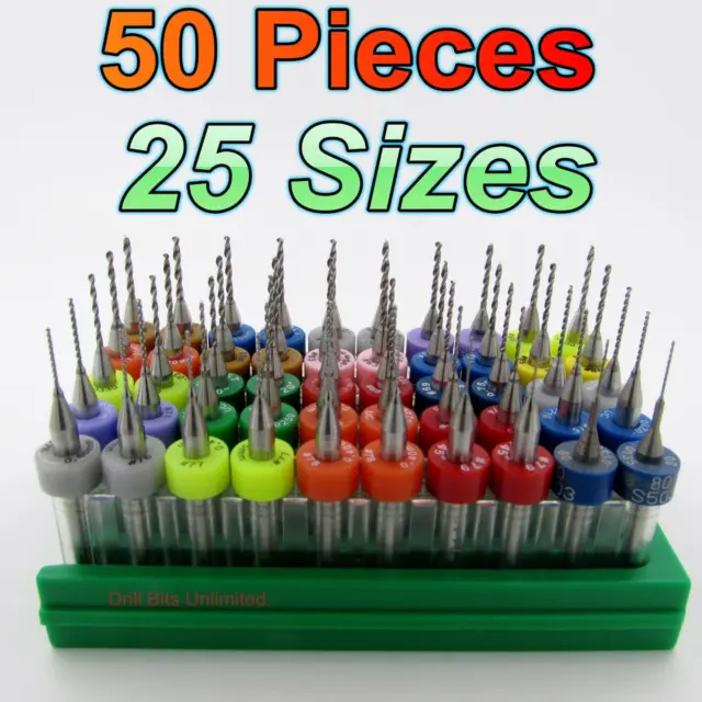 Fifty Carbide Drills - 25 Sizes from #80 to #56 .0135 to .046" 1/8" Shank cnc D7