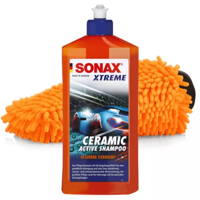 SONAX XTREME Ceramic Active Shampoo 500ml + XL Chenille Waschhandschuh orange