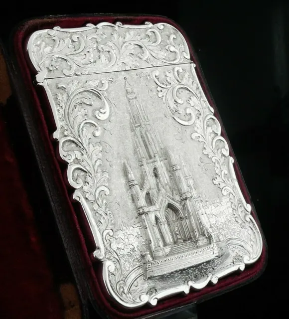 Antique Sterling Silver Card Case (Cased) Sir Walter Scott Monument 1844 N Mills