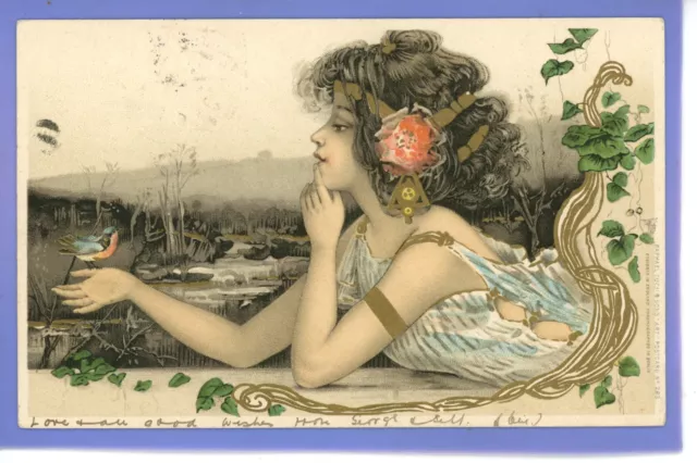 Old Vintage 1902 Tuck Postcard Beautiful Young Woman With A Bird On Hand Glamour