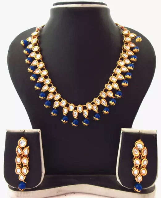 Bijoux Indiens Parure Collier Bollywood Bleu Perle Plaqué Or Kundan Tour de...