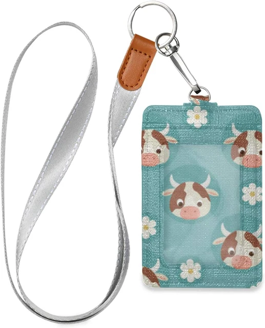 Badge Holder, PU Leather ID Card Case Wallet with Neck Lanyard and Key Ring (Cow