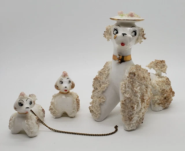 Vintage Artmark Ceramic White Poodle W Hat Chained Two Puppies Figurine Japan