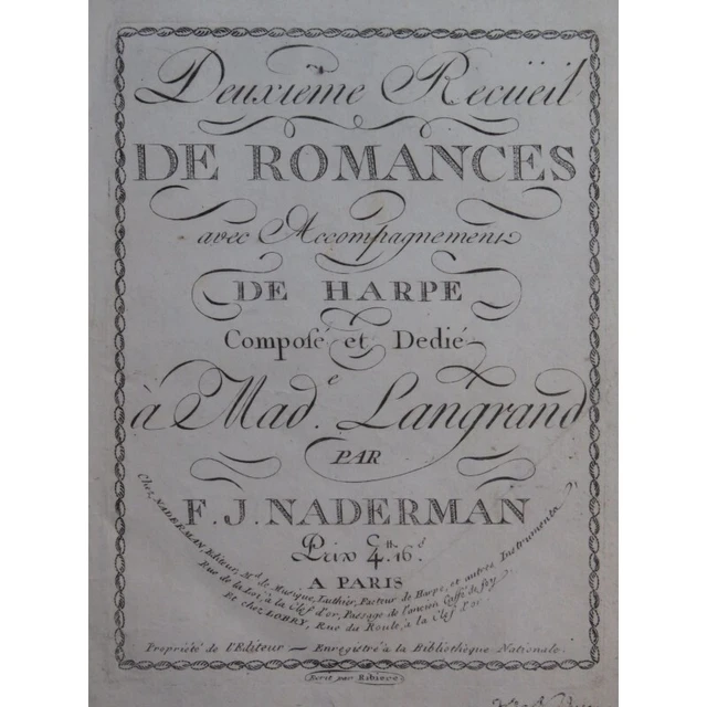 NADERMAN F. J. Deuxième Recueil de Romances Chant Harpe ca1810