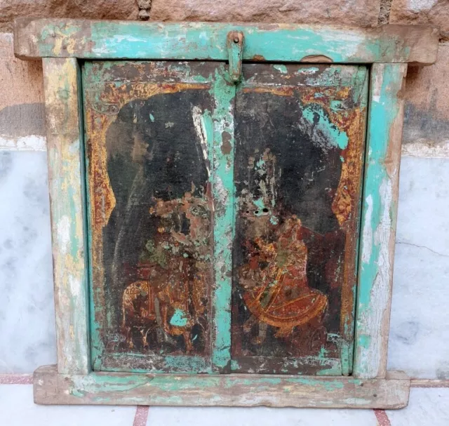 Ancient Miniature Wooden Window Old Gold Painted God Shiva Parvati Window Rare