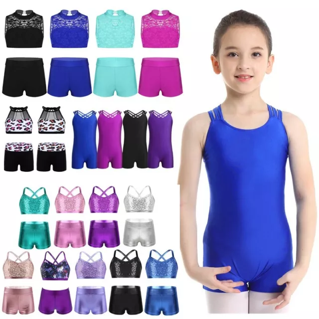 Kids Girls Crop Top Shorts Set Metallic Gymnastic Leotard Sports Dance Jumpsuit