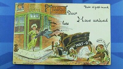 Vintage Comic Postcard 1906 Gents Bicycle Cycling Car HILL DANGEROUS TO CYCLISTS