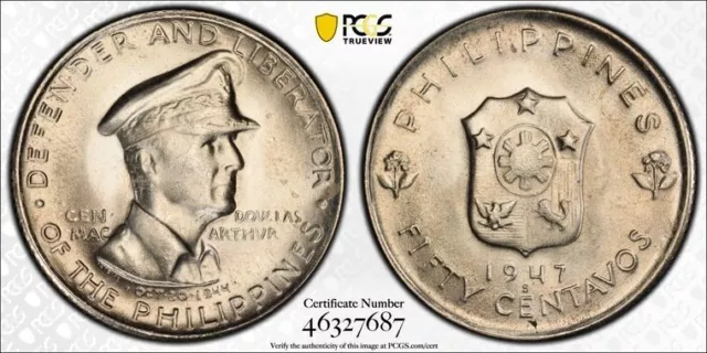 1947-S Philippines 50 Centavos PCGS MS65 Lot#G4626 Silver! Gem BU! MacArthur
