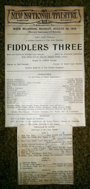 Fiddlers Three Tavie Belge New National Theatre 1918 Partial Program nice RARE