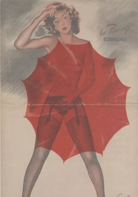 "PIN-UP au PARAPLUIE" Affiche originale entoilée CAROLS (BRENOT) 1950-51 34x51cm