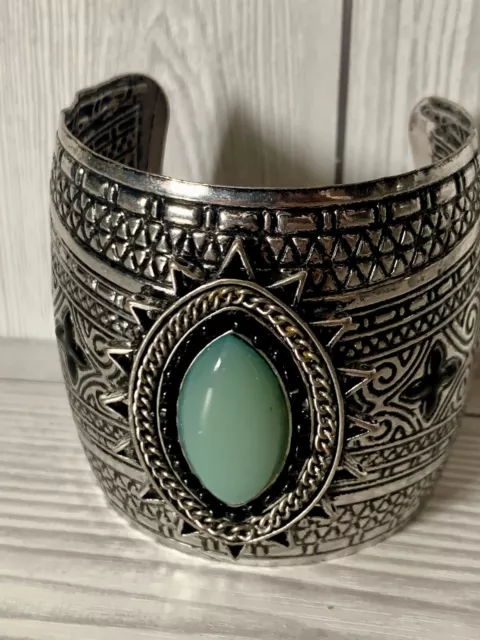 Vintage Silver Metal Cuff Bangle Bracelet Sea Green Stone Gothic Bohemian Boho