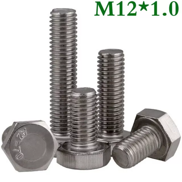 M12 x 1.0 Fine Thread 304 Stainless Steel Hex Head Bolts Hex Cap Screws DIN 933