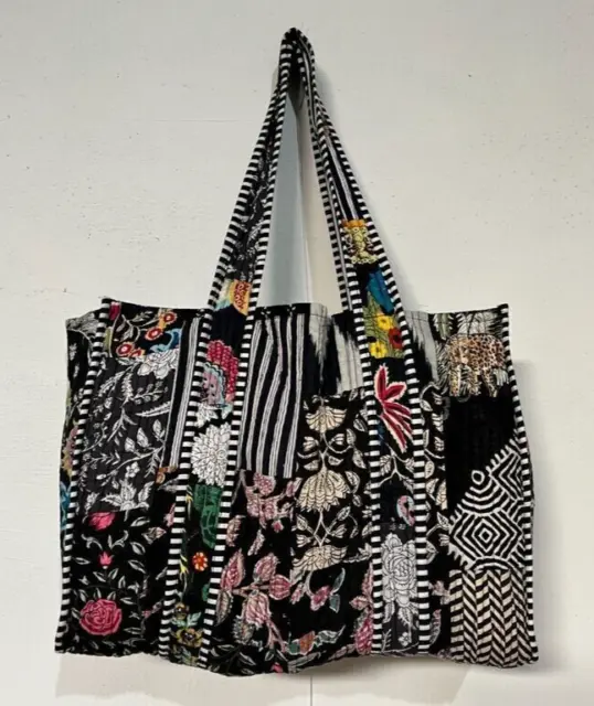 Patchwork Black Cotton Handbags Vintage Reversible Purse Large Tote Hobo Bags AU