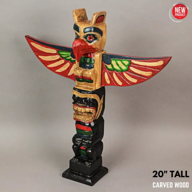 Native American Northwest Coast Style Tribal Carved Wood Totem Pole Statue Wings