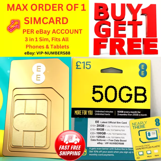 2x EE Sim Card Pay As You Go £15Pack50GB Data Unlimited SMS Mini Micro Nano PAYG