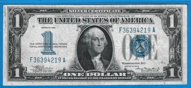 1934 $1 Silver Certificate Funny Back Note,Blue Seal,Circ VF,Nice!