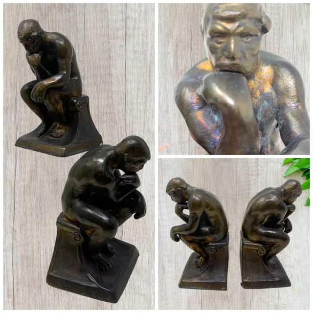 Vintage Mid Century Pair Brass Auguste Rodin The Thinker Thinking Man Bookends