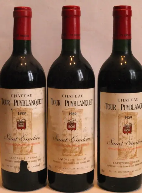 Lot 3 bouteilles de Château Tour Puyblanquet 1989 . Appellation Saint-Emilion