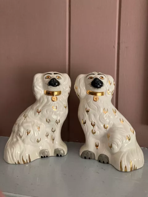 Pair of Large English Beswick Staffordshire White Spaniel Dogs - 8"