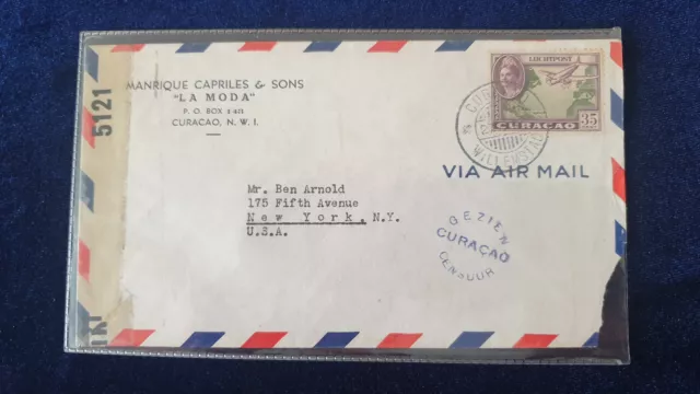 Curacao 1942 Air Mail Censored Letter to New York USA #8477