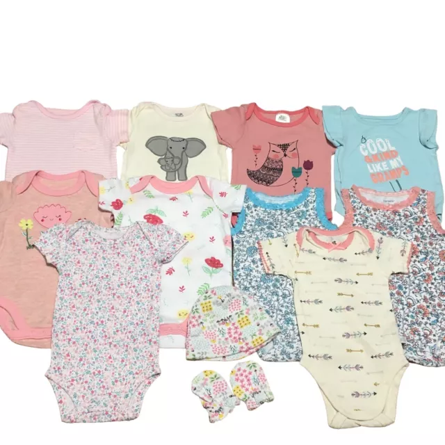 Carters Lot of 10 Baby Girl 0-3 Months Short Sleeve Bodysuits Beanie/mittens