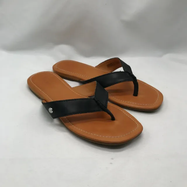UGG Flip Flops Womens Size 7 Tuolumne Black And Tan Leather Comfort Casual Thong