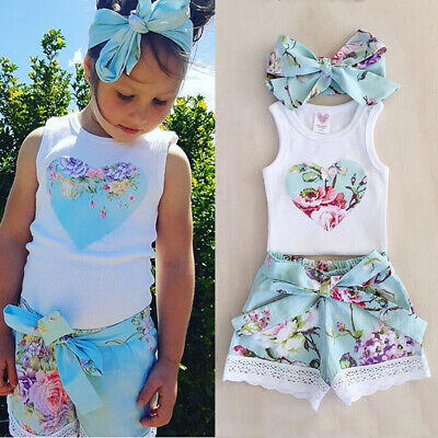Summer Toddler Kids Baby Girls Floral Tops+Lace Shorts Pants Outfits Clothes Set