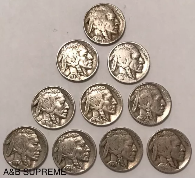 Count of Ten Circulated Buffalo Nickels 1913 to 1938 Fine 2