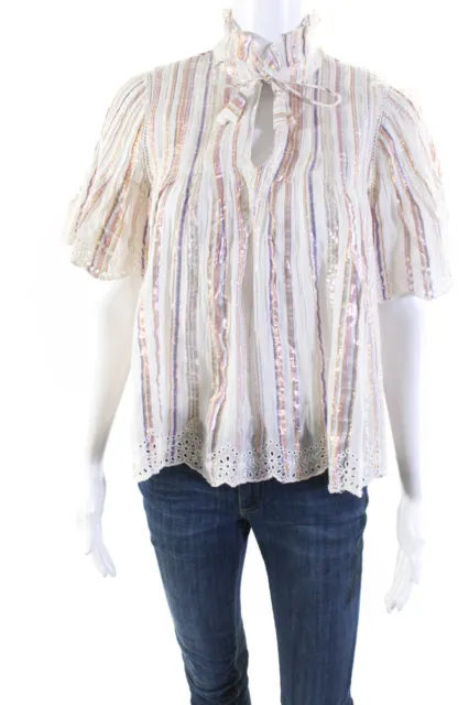 Sea New York Womens Cream Multicolor Striped Short Sleeve Blouse Top Size 0