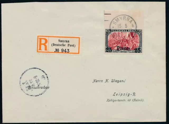 DP Türkei 25 Piaster Aufdruck 1905 Oberrand Einschreiben Smyrna Attest (S11379)
