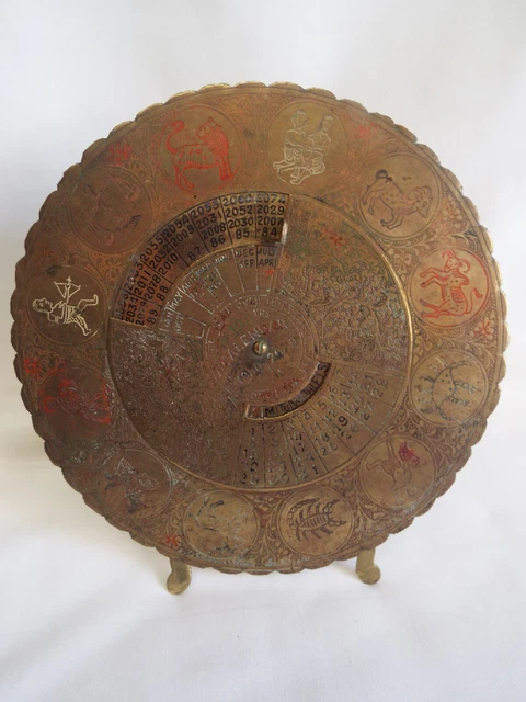 Brass 100 year perpetual calendar 1980-2079 with Signs of The Zodiac.