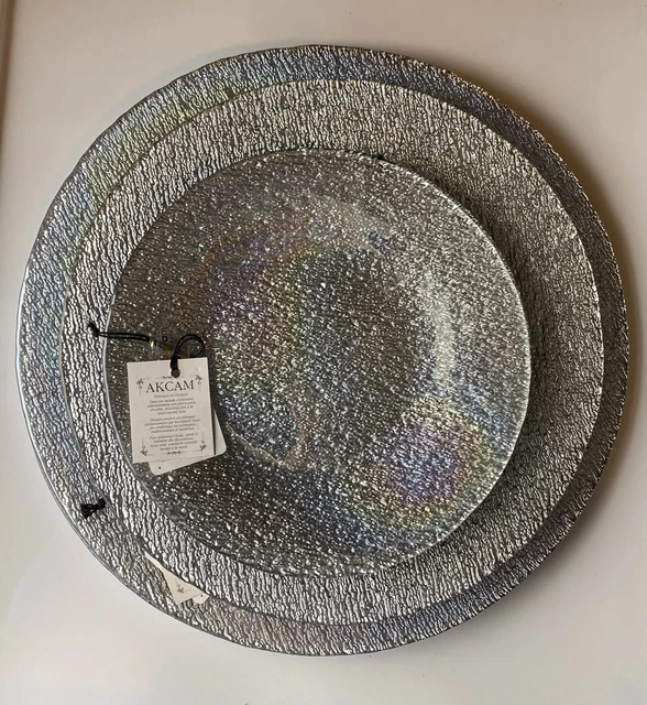 AKCAM TURKISH GLASS Iridescent Silver Charger Dinner Salad Plates