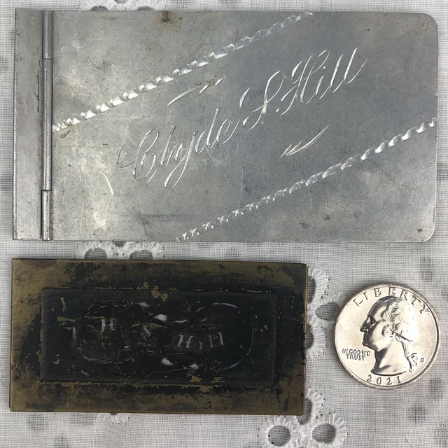 ANTIQUE HILL FAMILY Metal Name Plate & Victorian Calling Card Holder