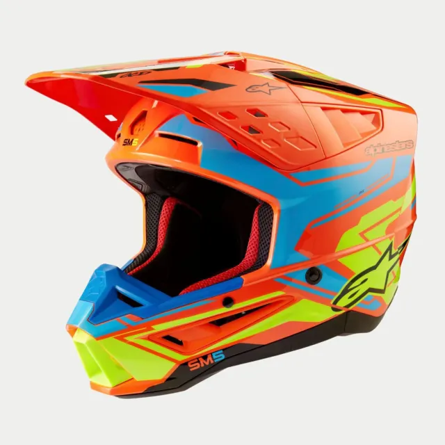 Alpinestars 2024 Supertech SM5 Orange Fluo Cyan Yellow Motocross Helmet MX Quad