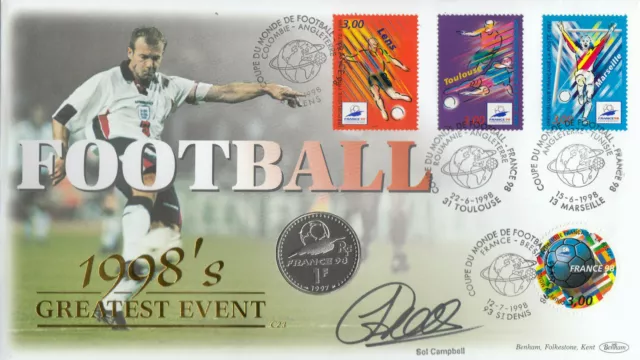 (74979) France Benham COIN Cover SOL CAMPBELL SIGNED Euros 98 4 cancels 1998