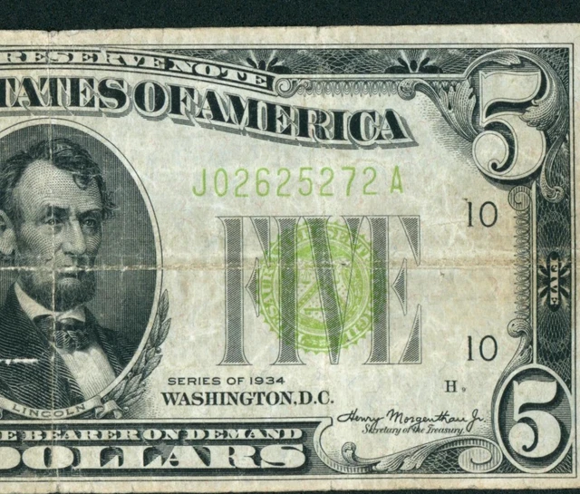 $5 1934 LGS LIME ((LIGHT GREEN SEAL)) Federal Reserve Note DAILY CURRENCY
