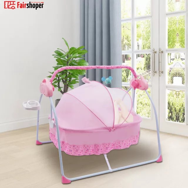 Pink Electric Baby Rocker Swing Rocking Crib Cot Bed Infant Cradle w/ Bluetooth 2